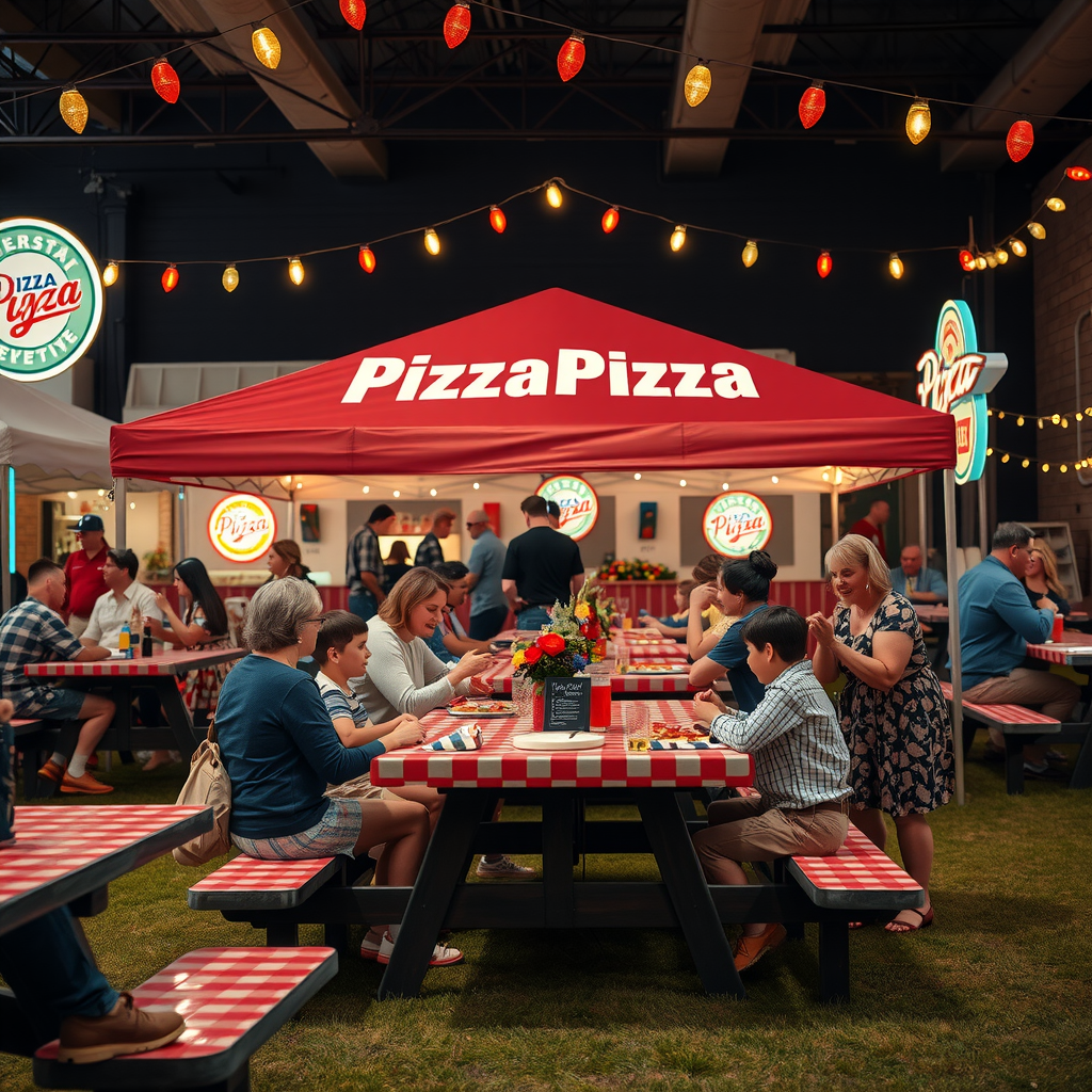 Vintage-themed community event with pizzapizza branded tent, families enjoying pizza at checkered picnic tables, retro decorations and neon signs creating a festive 1950s atmosphere