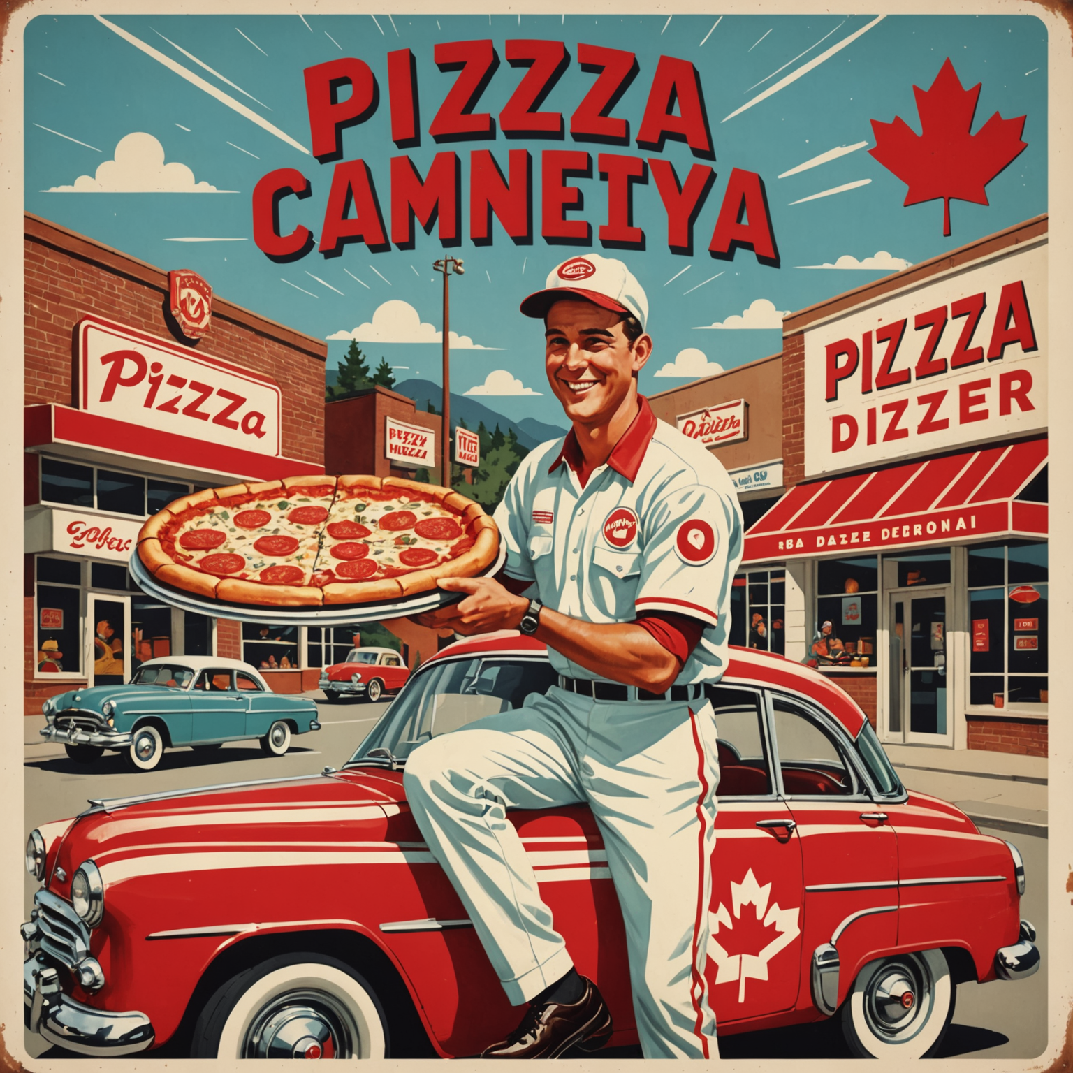 Vintage 1950s Canadian advertising poster style image celebrating successful pizza delivery during championship game, featuring retro neon sign effects, nostalgic color palette of red white and cream, classic diner aesthetic with happy customers and delivery driver
