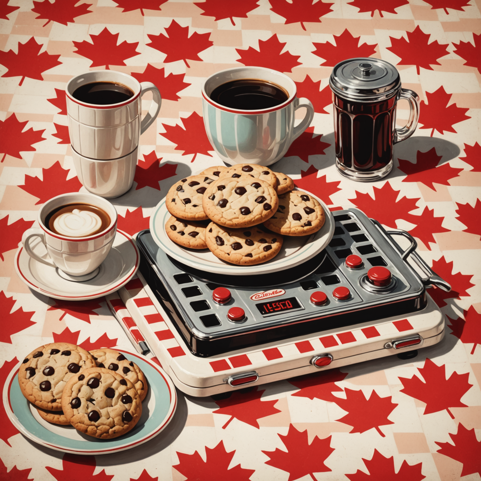 Retro 1950s diner style illustration of cookie settings interface with vintage Canadian advertising aesthetic, checkered patterns, and nostalgic red and cream color palette