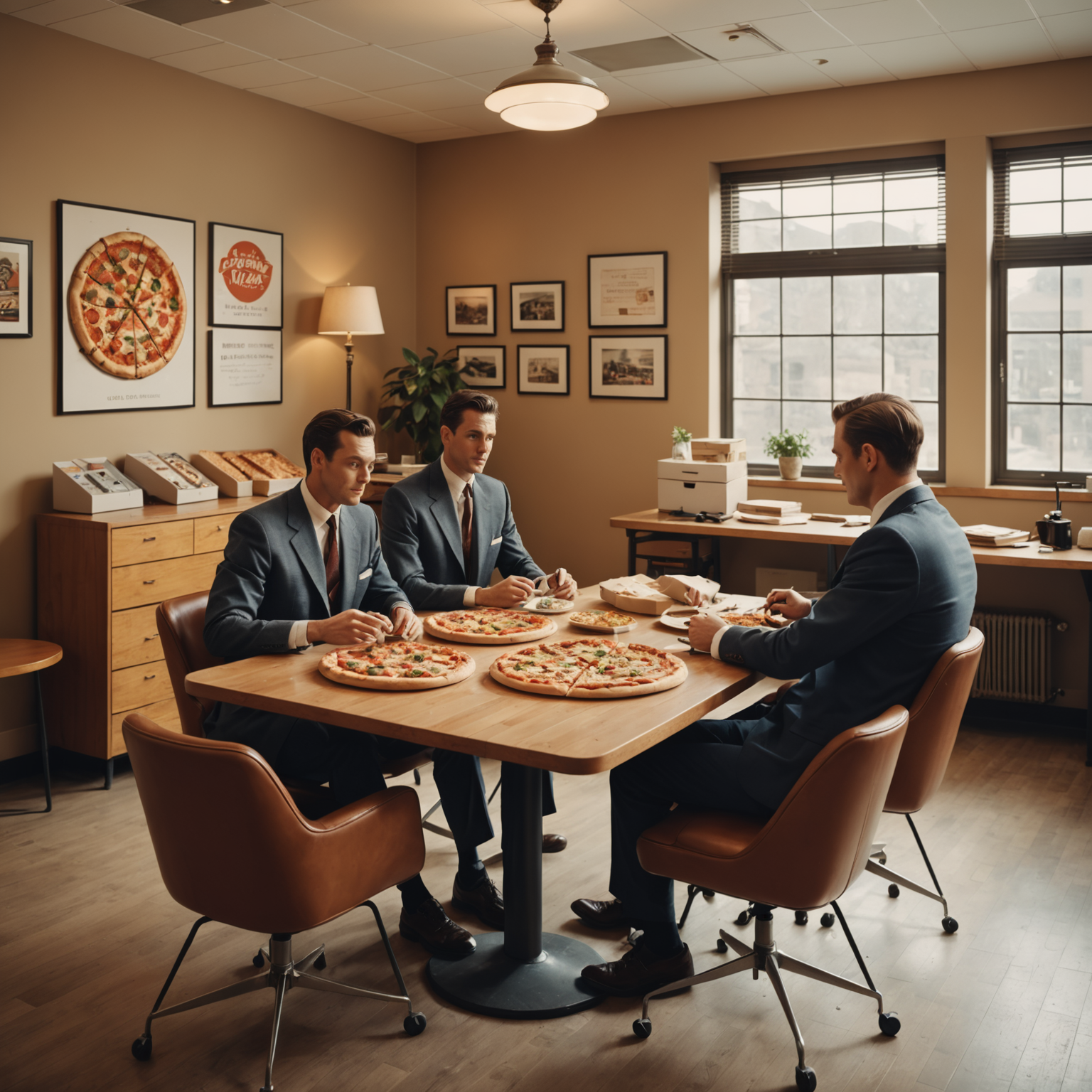 Business lunch delivery setup in retro 1950s office environment with pizzas arranged on conference table, vintage Canadian corporate aesthetic