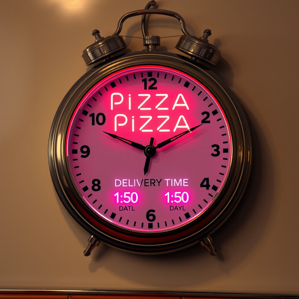 Vintage diner style clock illustration with retro timer showing Pizza Pizza delivery time estimates in classic 1950s neon sign aesthetic