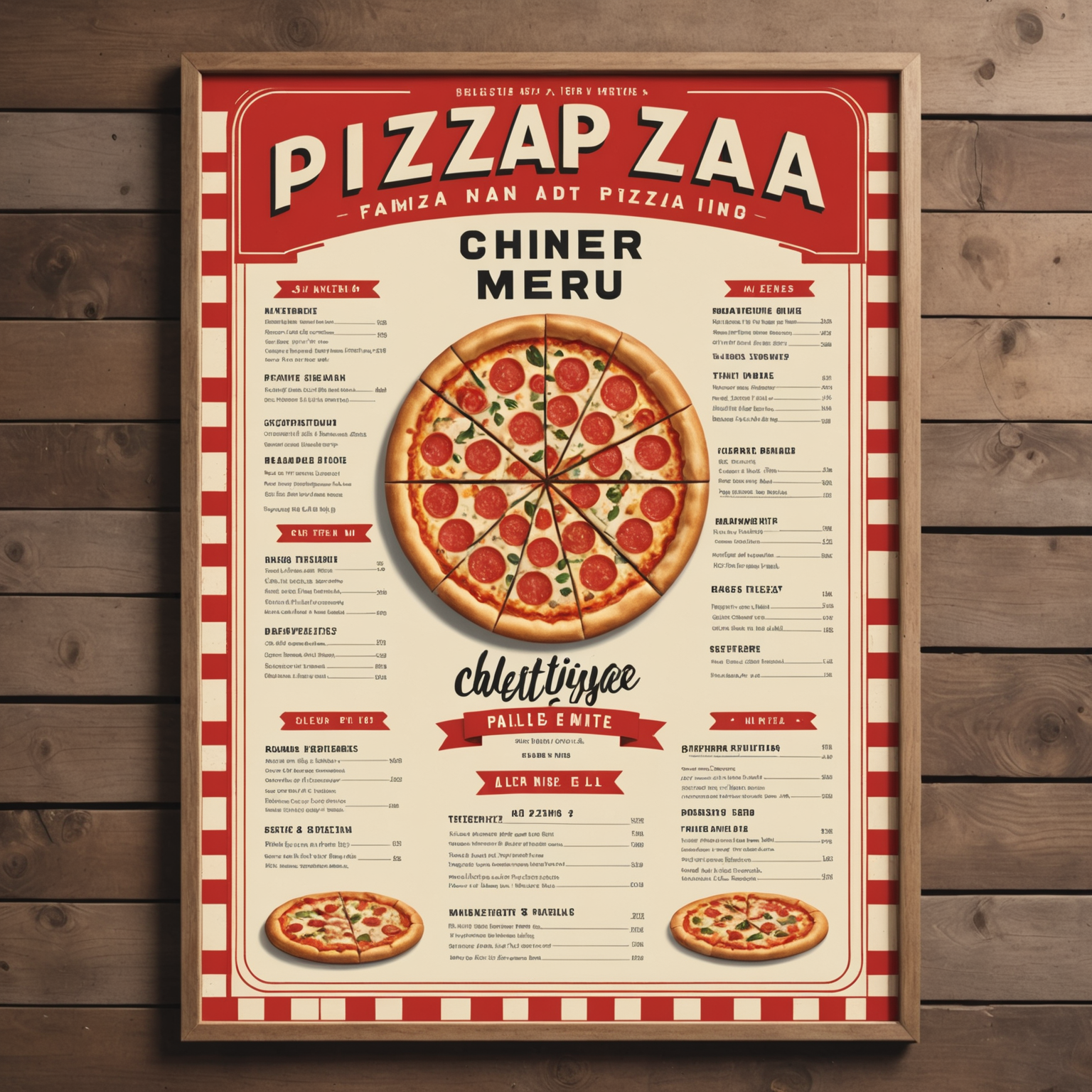 Nostalgic 1950s diner-style menu board featuring customizable Pizzapizza catering options with hand-drawn illustrations of various pizzas, vintage typography, checkered border design, classic red and cream color palette, and retro Canadian advertising aesthetic