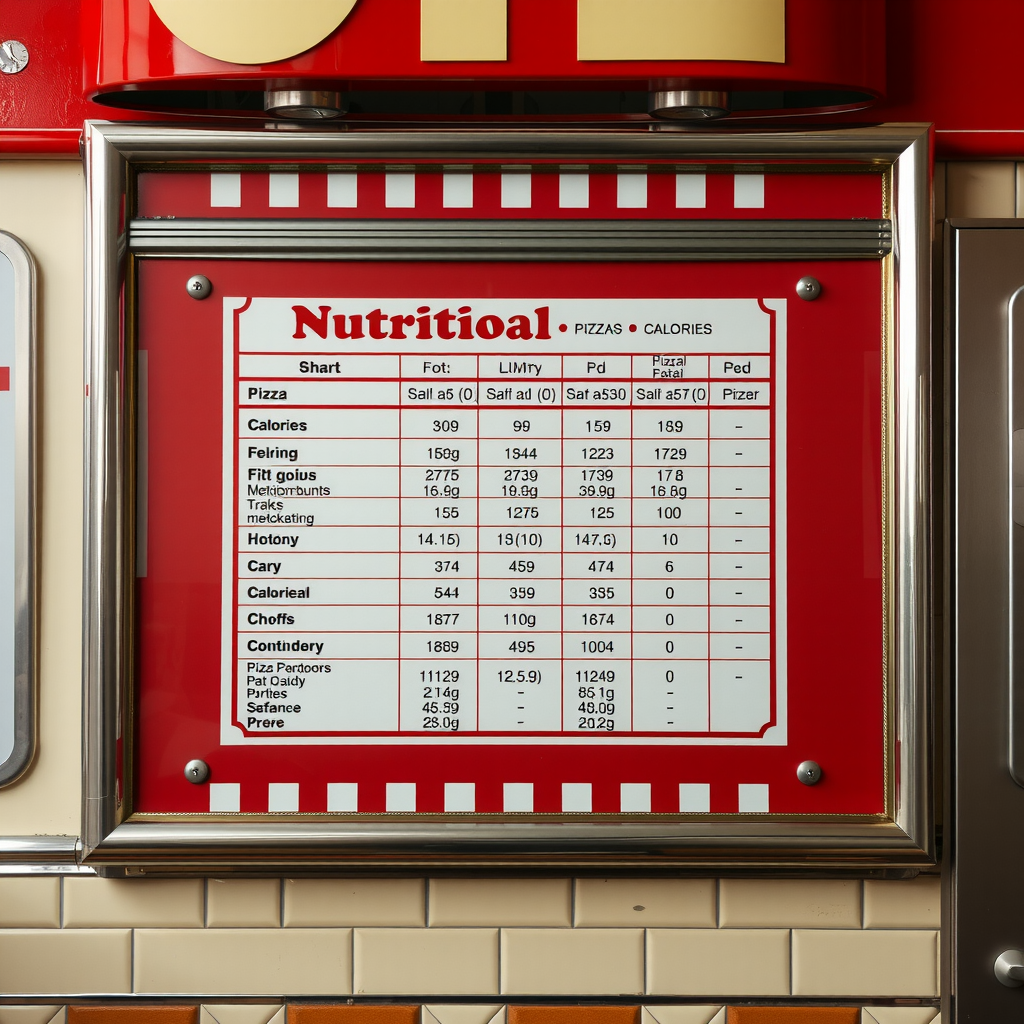 Vintage 1950s style nutritional information chart displayed on a retro diner menu board with red and cream colors, showing calorie counts and nutritional facts for different pizza options, with checkered pattern border and chrome frame