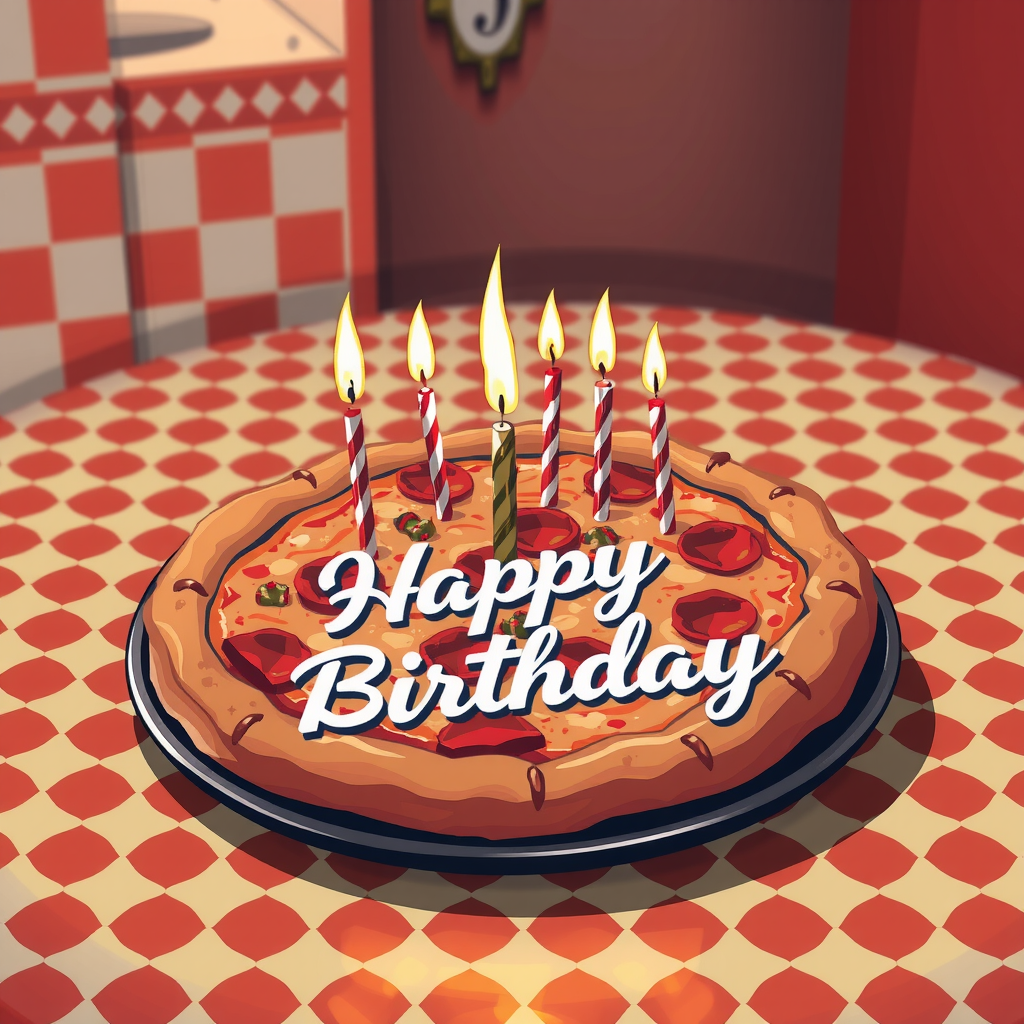 Retro 1950s style illustration of birthday pizza with candles, checkered tablecloth, nostalgic diner aesthetic, red and cream color palette, classic script happy birthday text