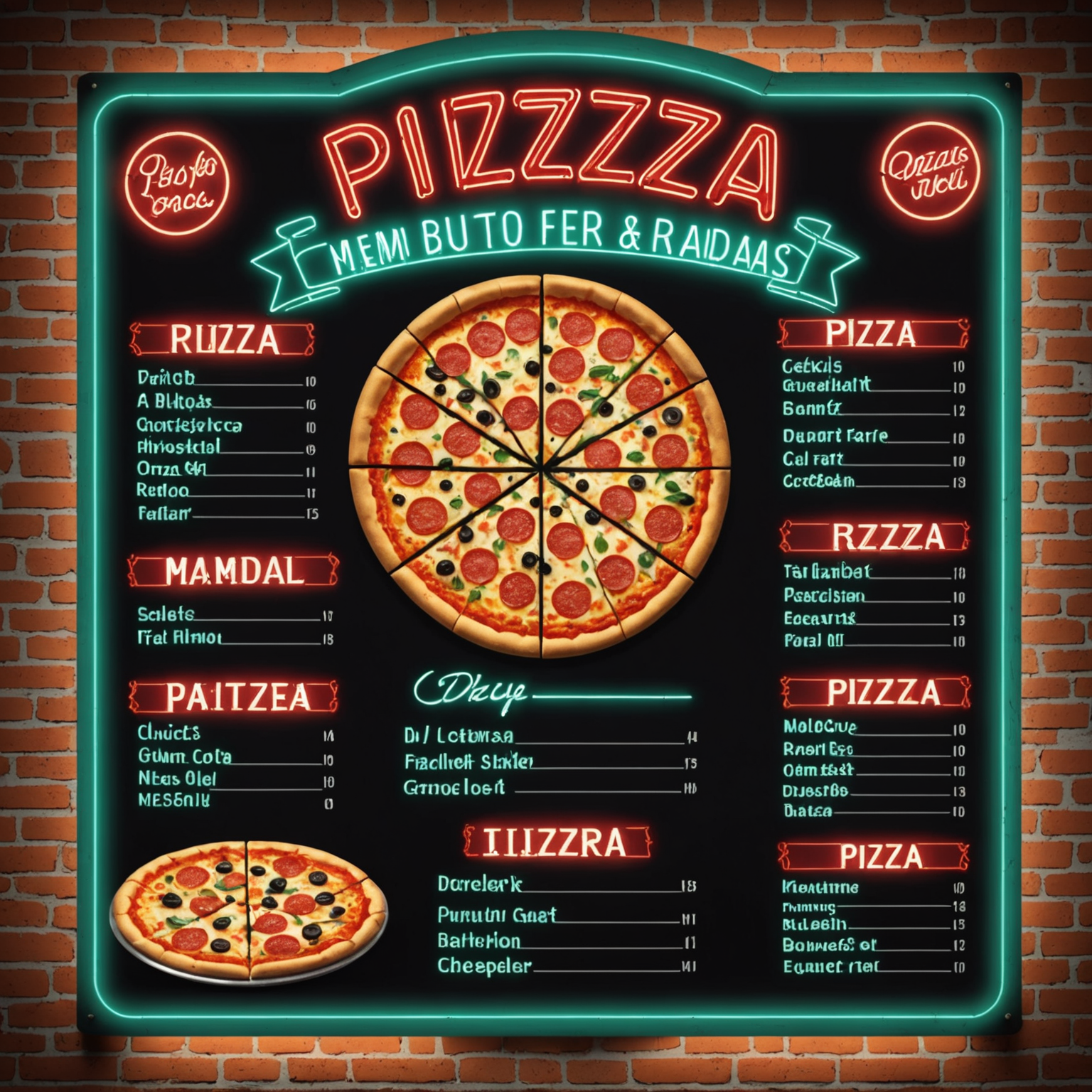 Nostalgic 1950s style menu board displaying various pizza options with classic script fonts, checkered pattern background and vintage neon sign glow effects
