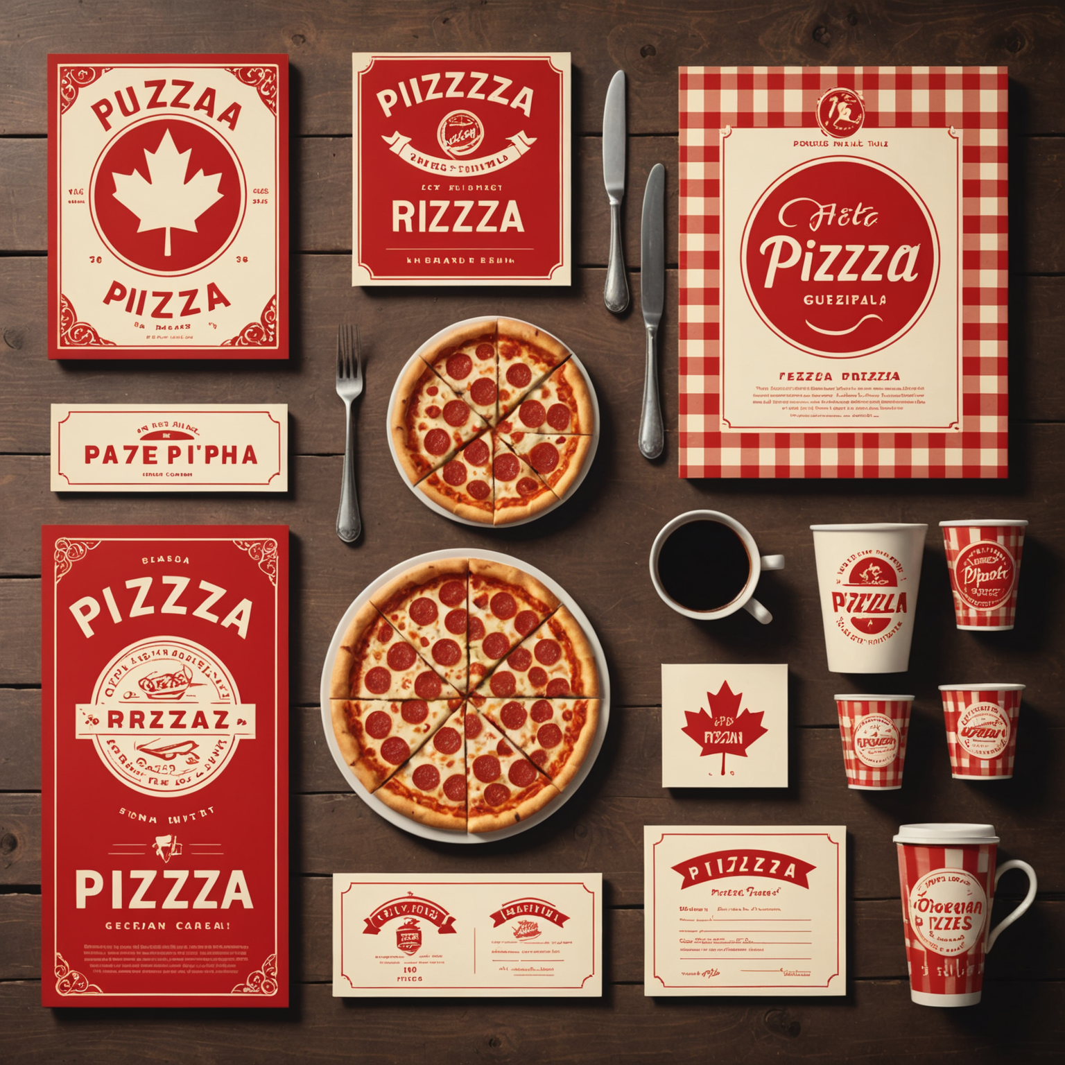 Collection of retro 1950s Pizzapizza branding materials including vintage logo designs, classic Canadian advertising posters, nostalgic menu cards, and promotional materials in red, white, and cream color scheme with checkered patterns