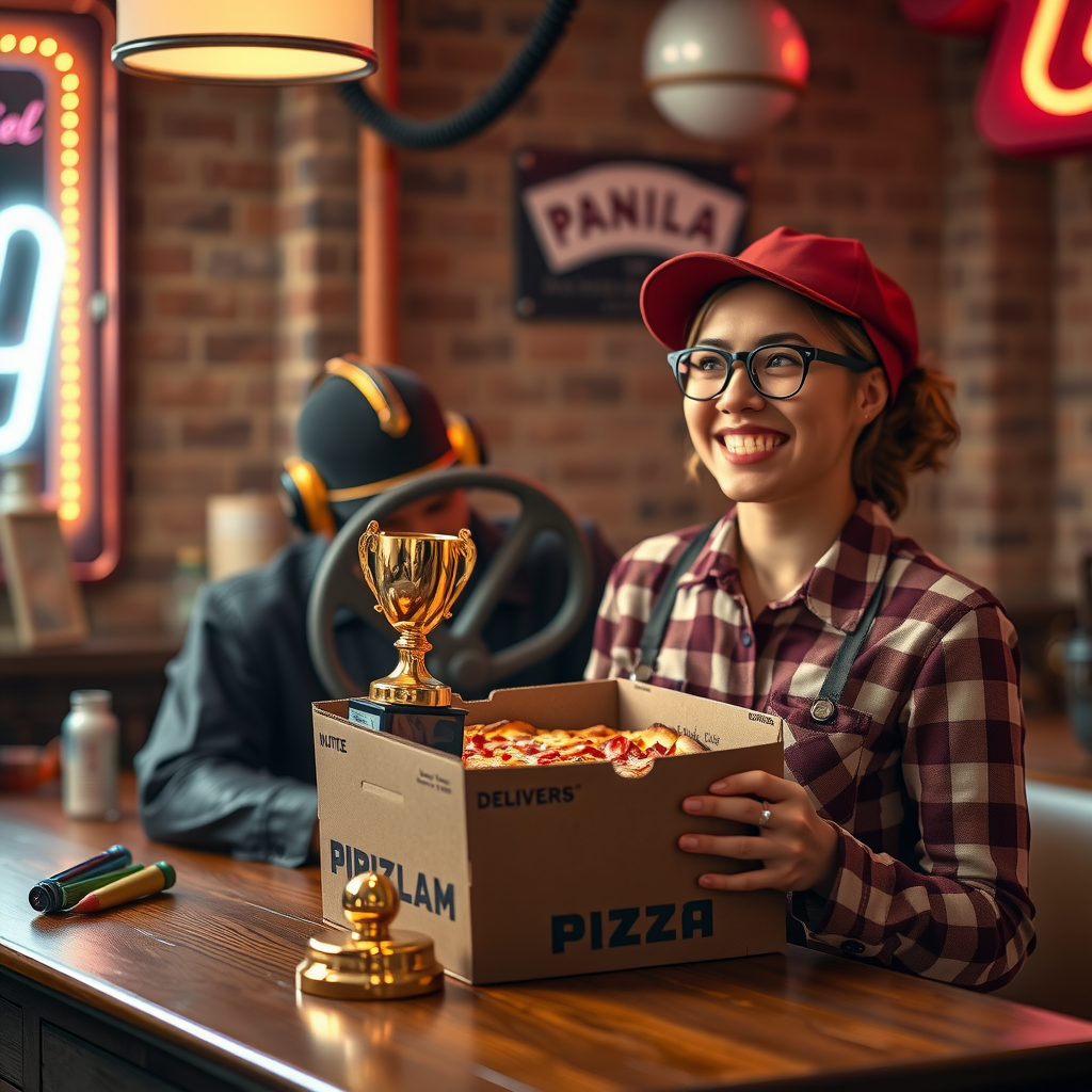 Golden trophy award with pizza delivery box and satisfied customer smiling, vintage 1950s style photograph with neon glow effect