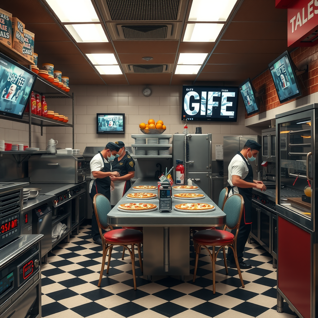 Busy restaurant kitchen with vintage 1950s equipment, chefs in retro uniforms preparing pizzas, checkered floor tiles, and modern tracking screens integrated into classic diner aesthetic