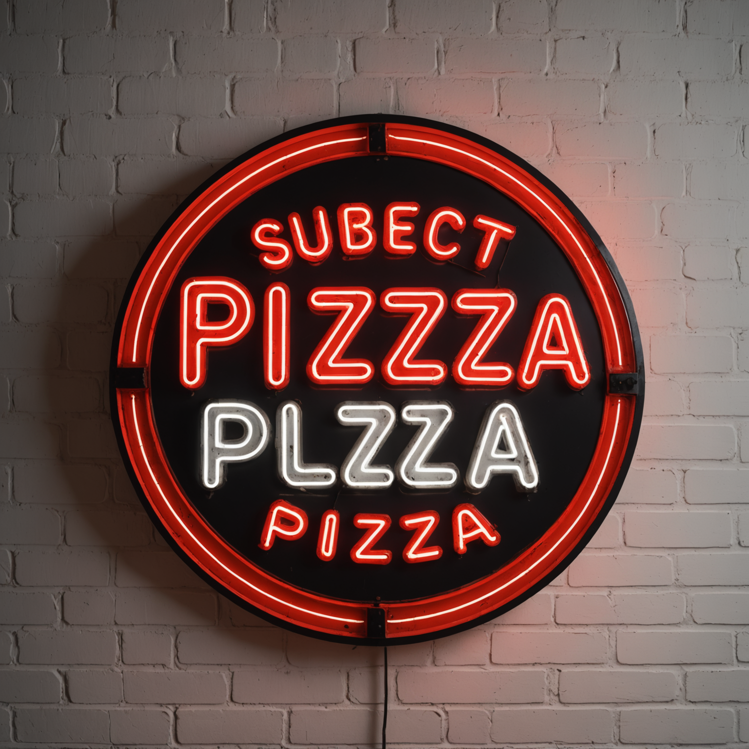 Vintage neon pizza sign glowing in red and white, classic 1950s diner style