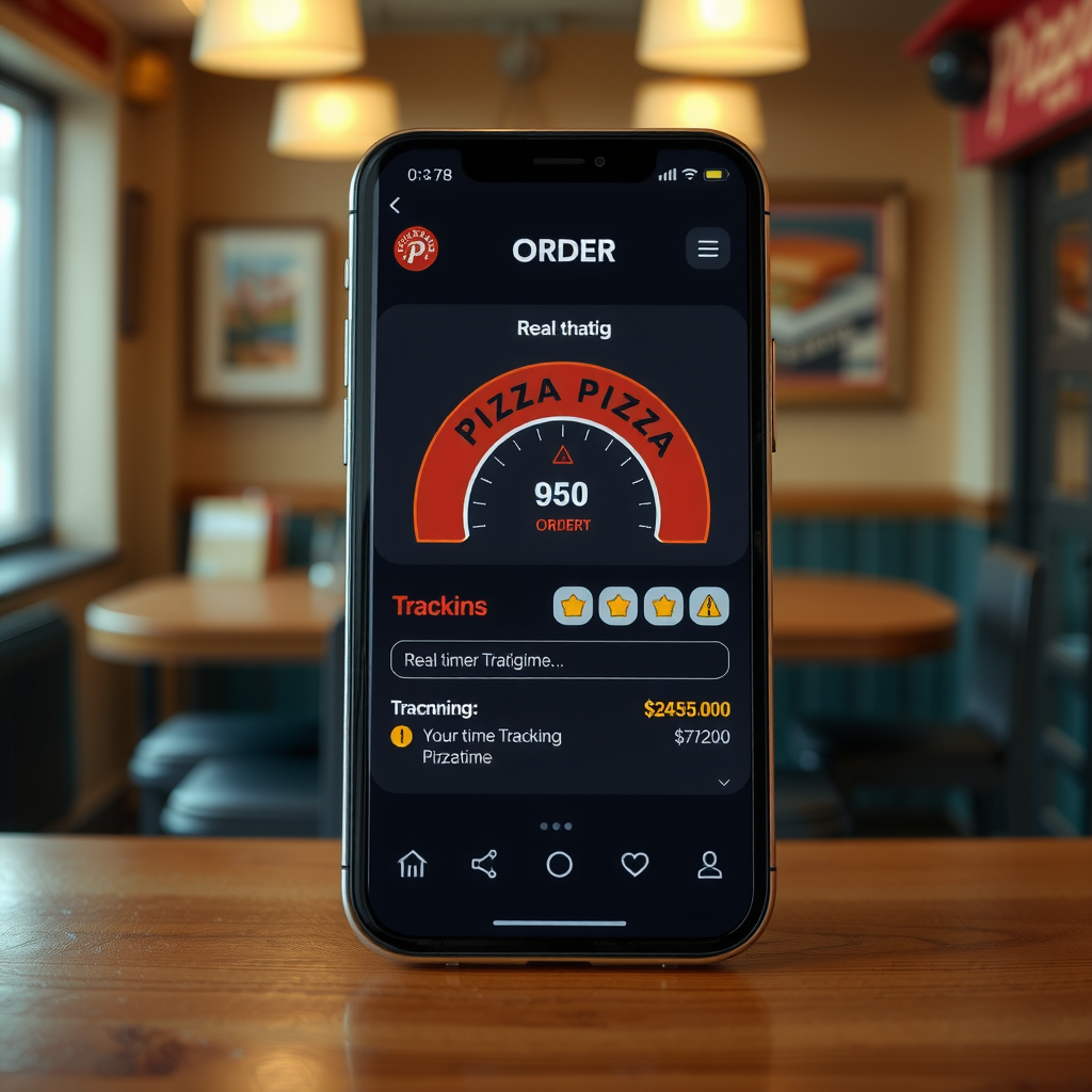 Retro styled mobile phone interface displaying Pizza Pizza real-time order tracking with vintage progress indicators and classic 1950s diner design elements