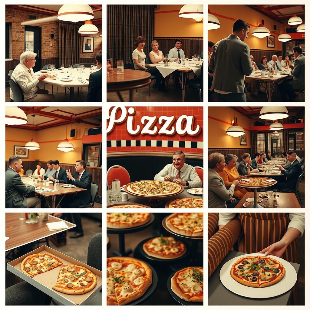 Nostalgic collage of vintage 1950s style photographs showing Pizzapizza catering at various events including corporate meetings, wedding receptions, birthday parties, and community gatherings, all featuring classic checkered patterns, retro decor, and happy guests enjoying pizza