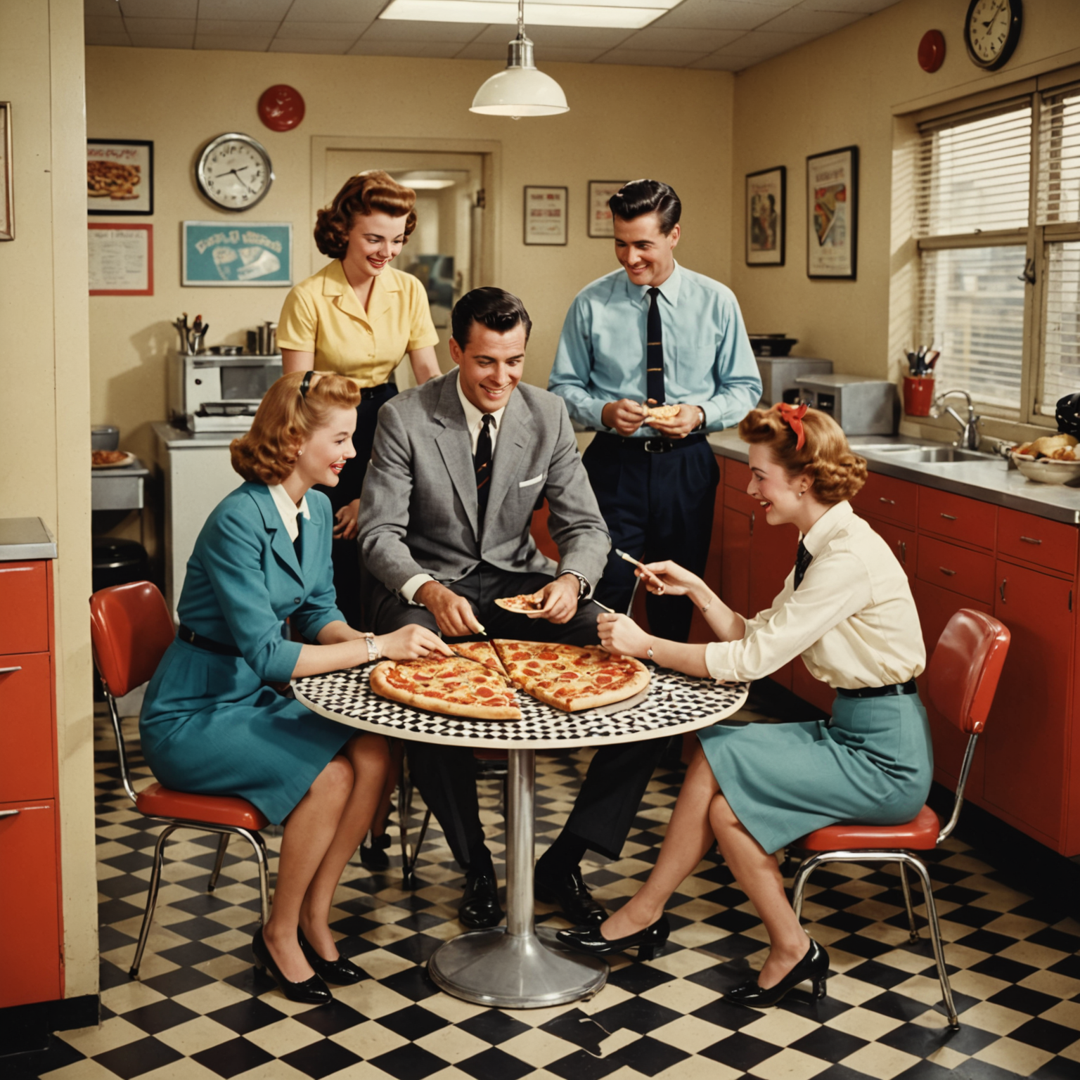 Cheerful 1950s style office workers enjoying pizza together in vintage break room with checkered floor pattern and classic retro decorations