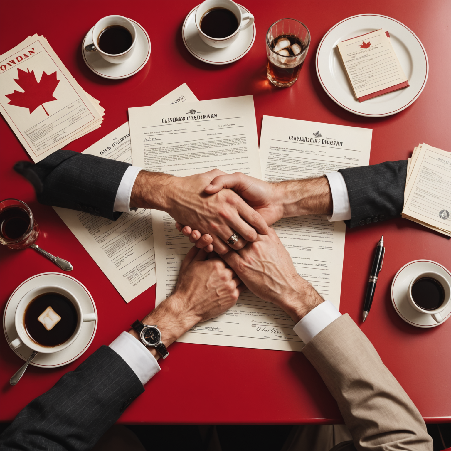 Retro 1950s style business handshake over classic diner table with vintage legal documents, fountain pen, and nostalgic Canadian business imagery in red, white, and cream color palette