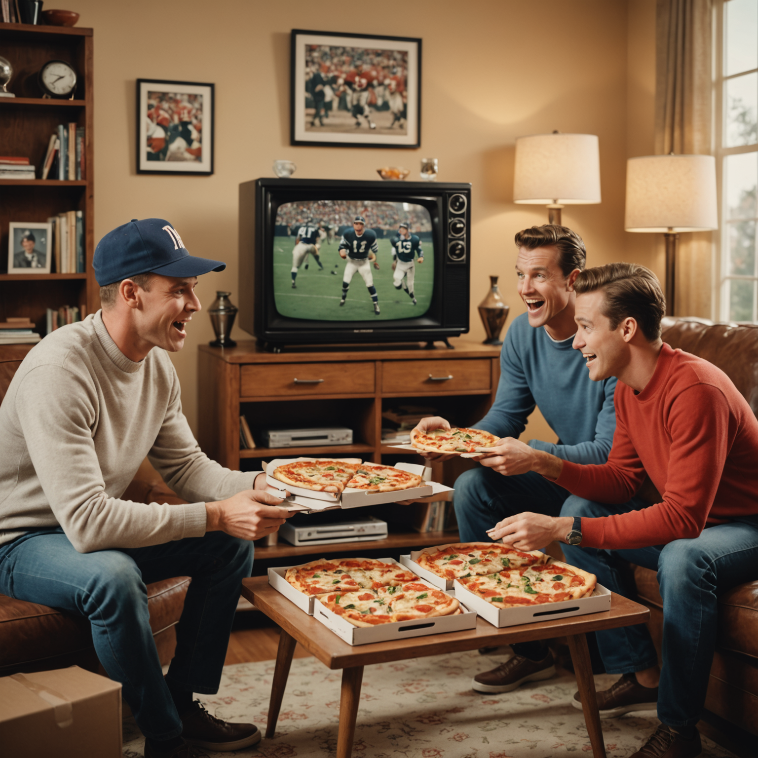 Excited sports fans watching championship game on vintage TV with multiple pizza boxes stacked on coffee table, retro 1950s living room setting