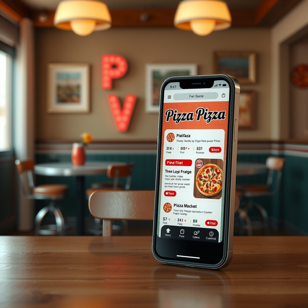 Vintage styled mobile application interface showcasing Pizza Pizza app features with retro 1950s diner design elements and classic menu presentation