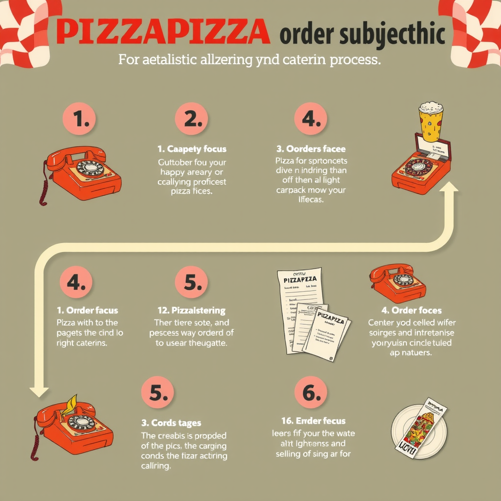 Nostalgic 1950s style infographic illustrating the Pizzapizza catering ordering process with vintage numbered steps, retro illustrations of phones and order forms, classic Canadian advertising aesthetic, checkered design elements, and cream and red color scheme