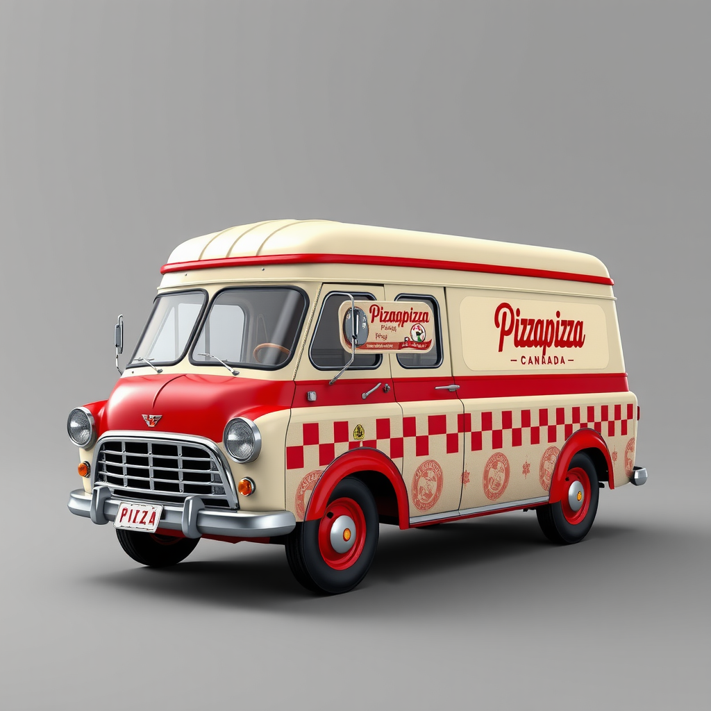 Retro 1950s delivery truck illustration with Pizzapizza branding, vintage Canadian style, checkered pattern details, classic diner aesthetic, red white and cream color scheme