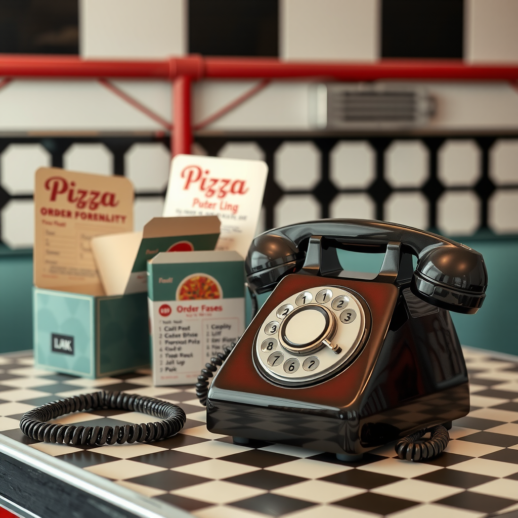 Classic 1950s rotary telephone next to vintage order forms and pizza boxes on retro diner counter with checkered pattern background