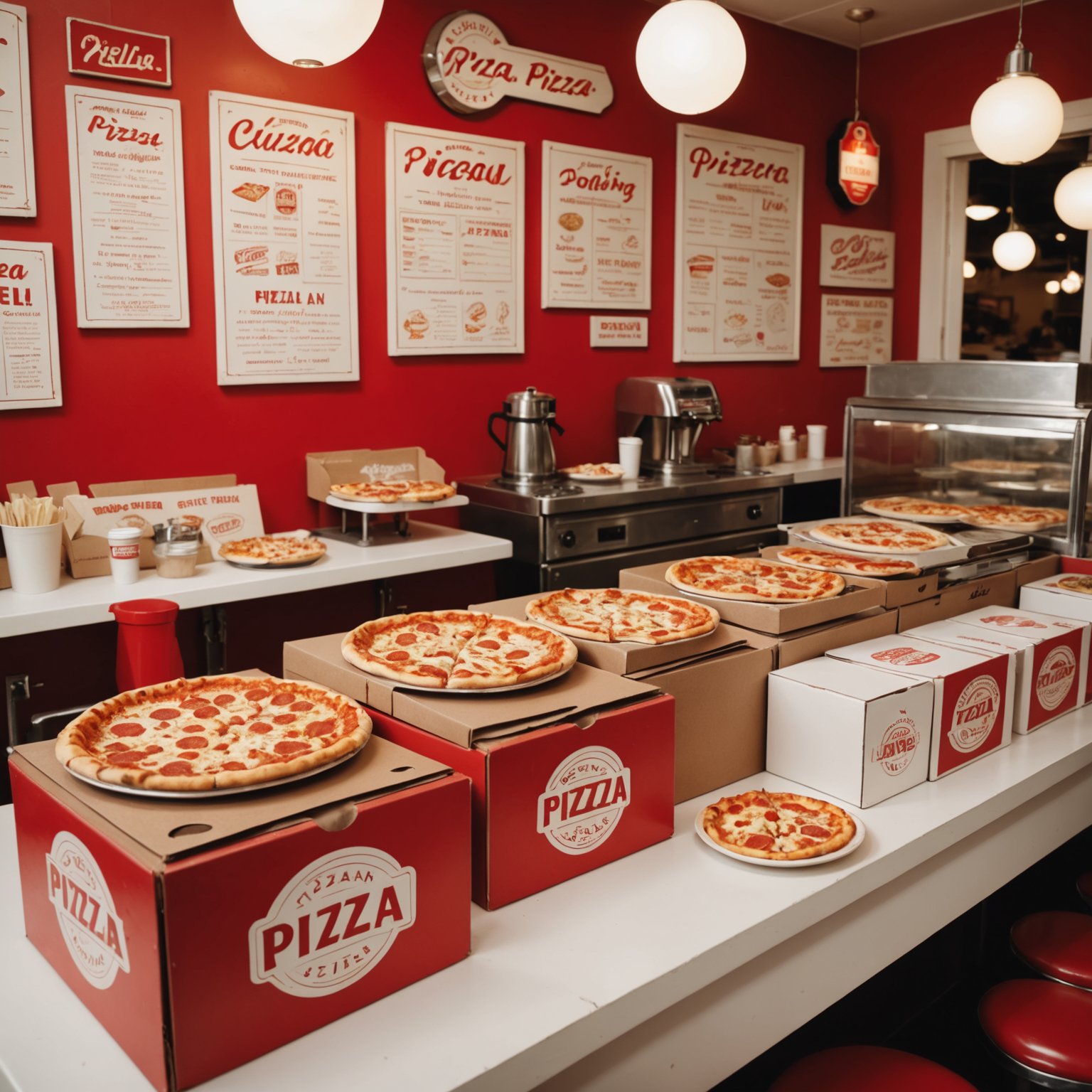 Retro 1950s style display of eco-friendly pizza packaging including recyclable boxes, compostable containers, and vintage-inspired sustainable materials in classic red, white, and cream diner aesthetic