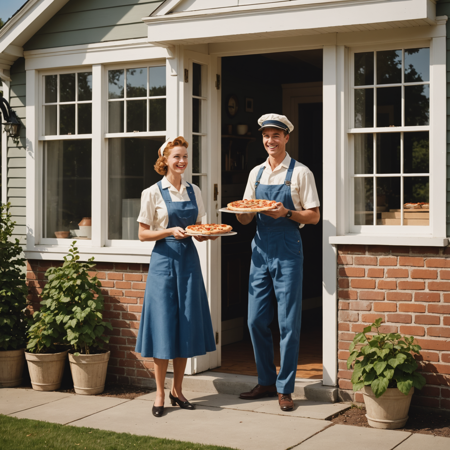 Smiling delivery driver in vintage uniform placing pizza box on doorstep with customer waving from window, 1950s suburban house with white picket fence