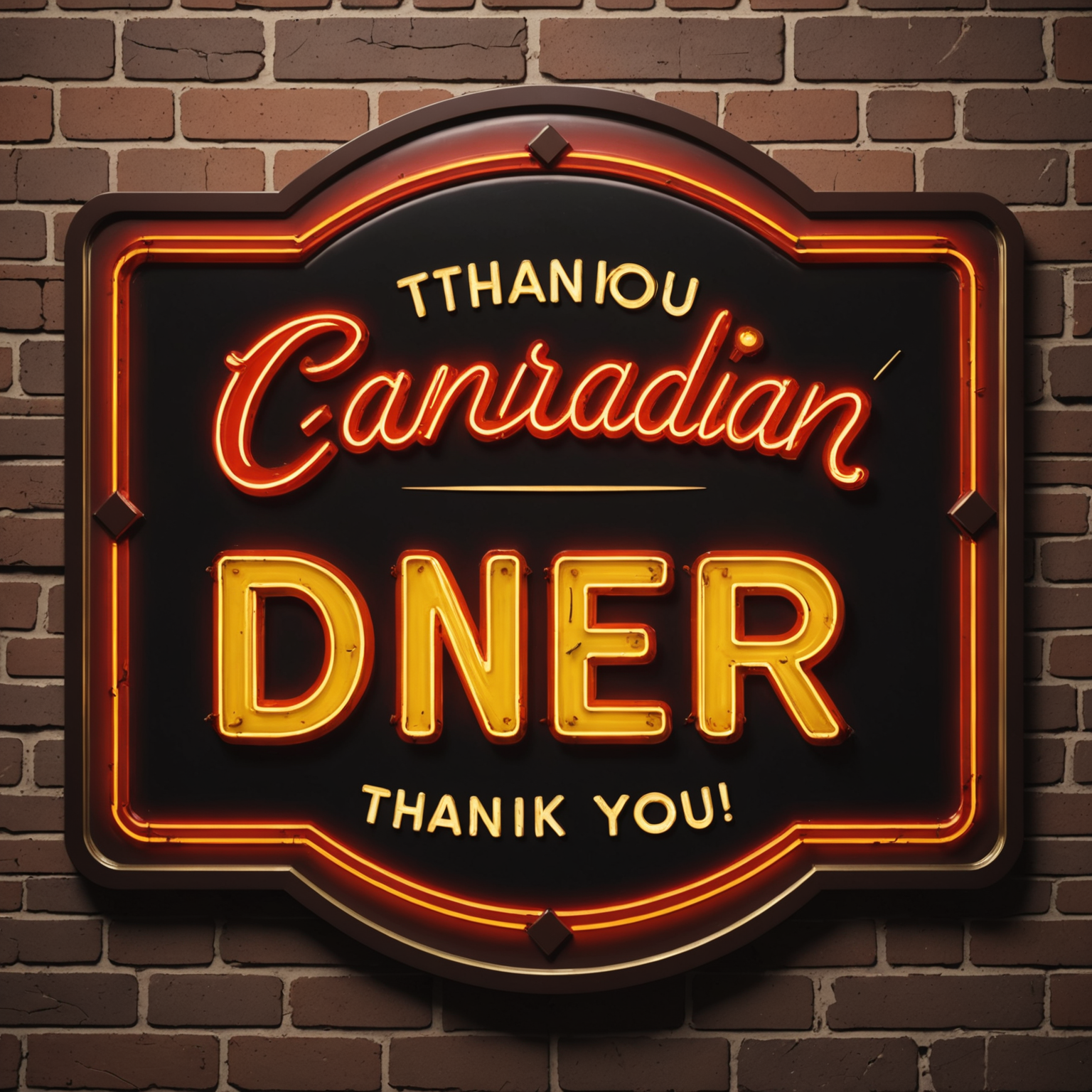 Retro 1950s Canadian diner style thank you banner with vintage aesthetic, neon sign effects, checkered patterns, and nostalgic dark brown and gold color scheme