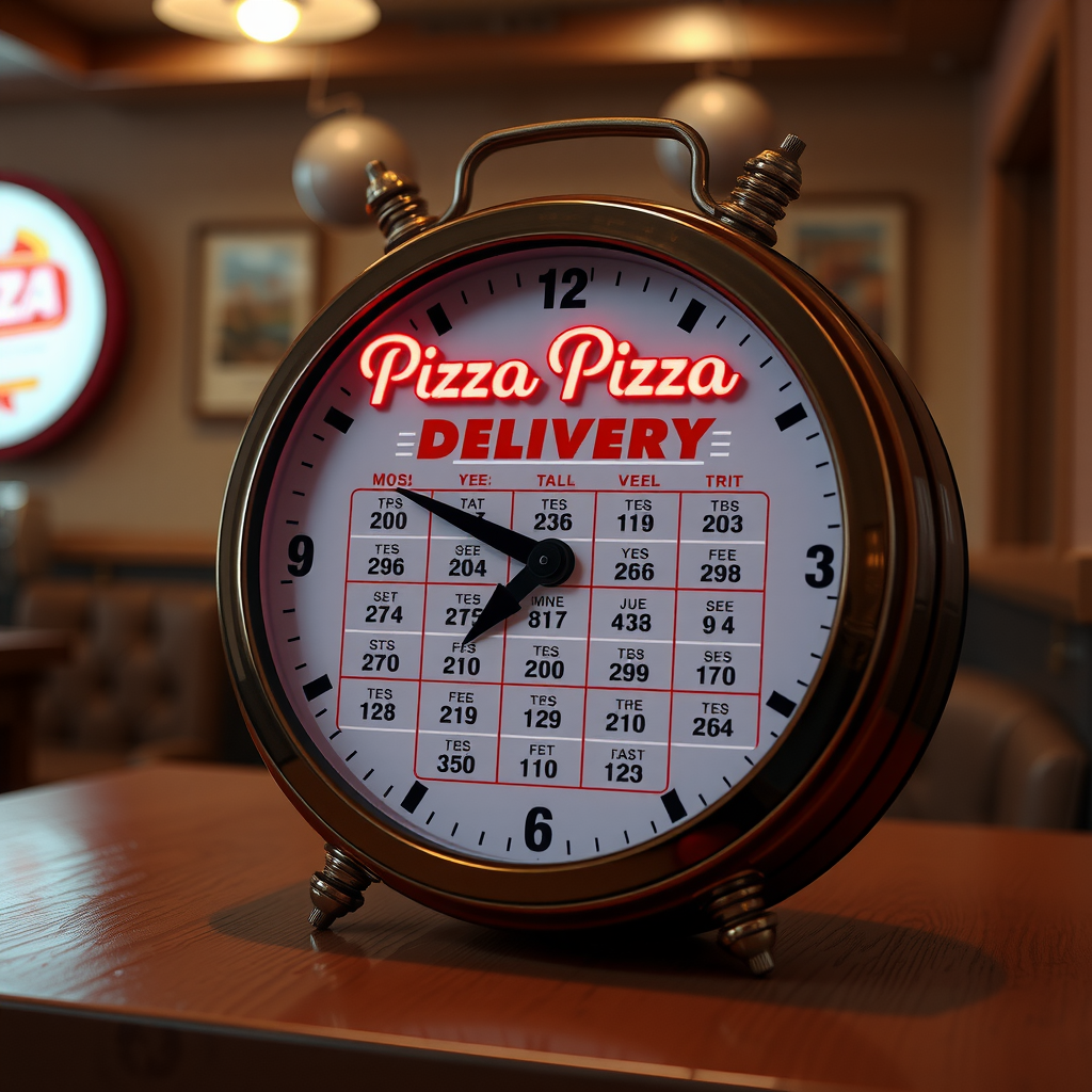 Retro styled calendar and clock design showing Pizza Pizza scheduled delivery options with vintage 1950s diner aesthetics and classic neon lighting effects