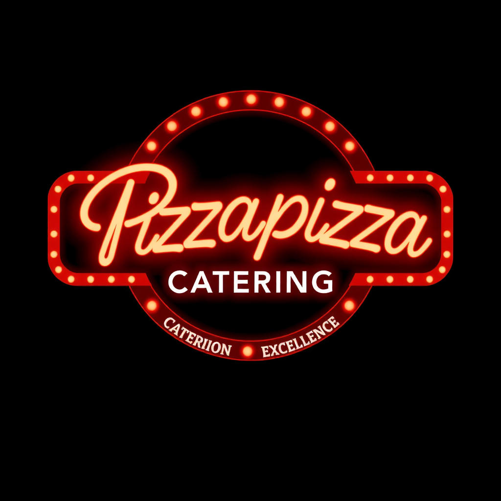 Nostalgic Pizzapizza catering logo featuring vintage 1950s neon sign effect with classic script lettering, checkered border pattern, retro Canadian diner aesthetic in red, white and cream colors, and tagline celebrating decades of catering excellence
