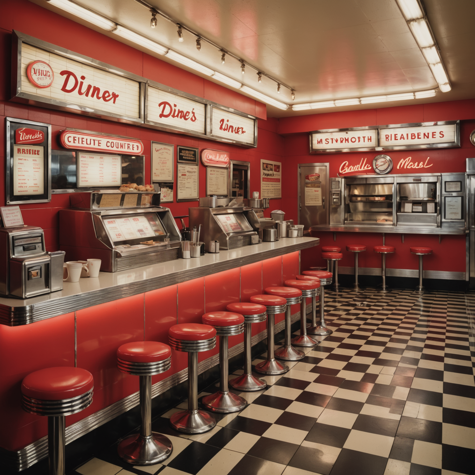 Vintage 1950s diner counter scene showing points redemption process, checkered floor pattern, neon menu board with rewards options, nostalgic red white cream color palette, classic script fonts, retro Canadian advertising style