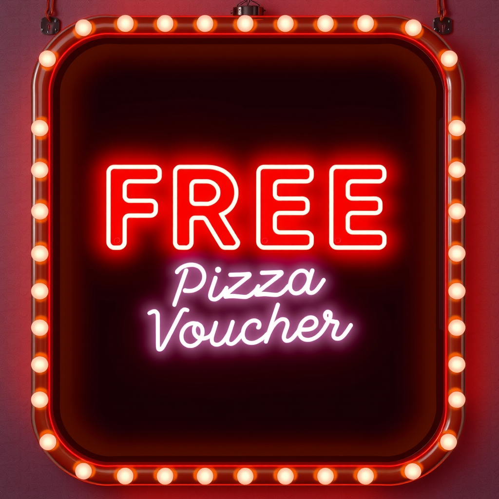 Retro 1950s style free pizza voucher with checkered border, neon sign glow effect, classic diner typography, nostalgic Canadian advertising aesthetic, red white and cream colors